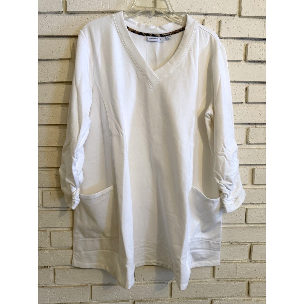 Susan Graver White V-neck Sweatshirt Size XL Pockets & Gathered Sleeves